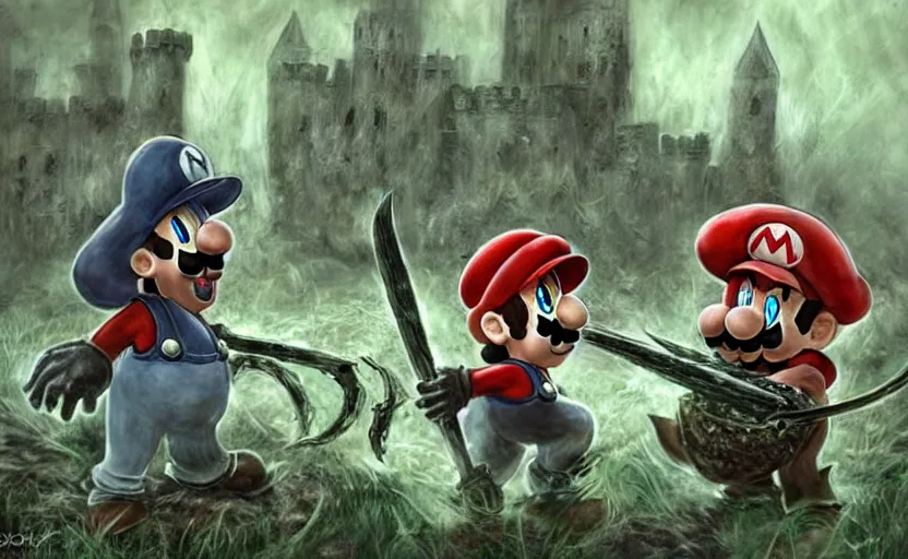 Image similar to mario and luigi as dark souls bosses, eldritch art, gothic medieval boss, epic battle, dual fight, cinematic art, character portrait, boss encounter, dangerous, fallen mushroom kingdom, castle ruins and demented goombas