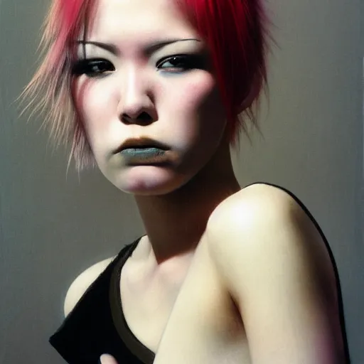 Prompt: A young woman with dyed hair hair looking disgusted away from the camera, Punk, Portrait by Noriyoshi Ohrai, rendered in octane, oil on canvas