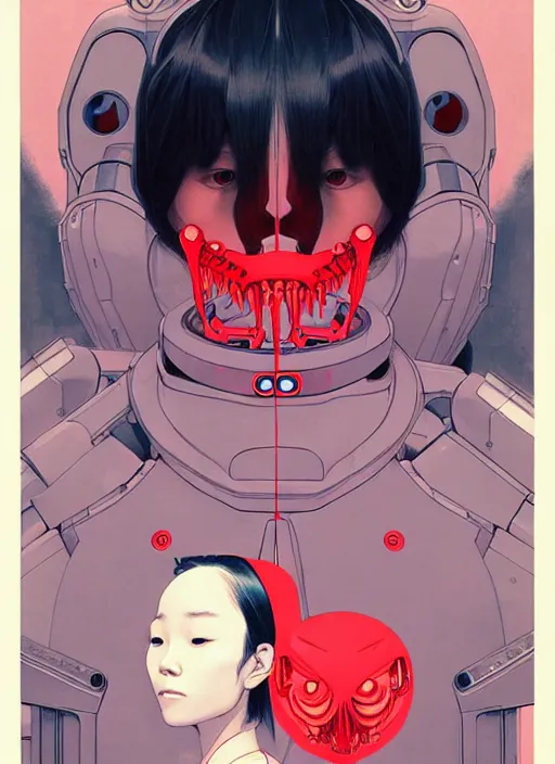 Image similar to Artwork by James Jean and Phil noto; a young Japanese future police lady named Yoshimi battles an evil natures carnivorous robot on the streets of Tokyo; Art work by Phil noto and James Jean