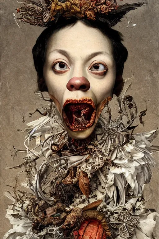 Image similar to Detailed maximalist portrait with dark skin, large mouth and with large white eyes, exasperated expression, HD mixed media, 3D collage, highly detailed and intricate, surreal illustration in the style of Caravaggio, dark art, baroque