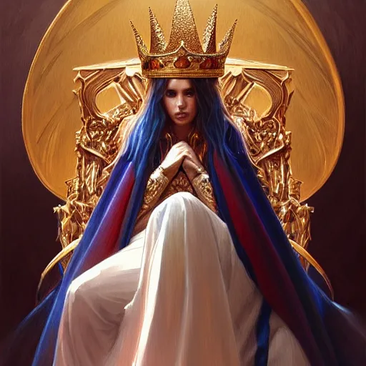 Prompt: Messi wearing a crown sitting on a majestic throne, D&D, fantasy, intricate, elegant, highly detailed, digital painting, artstation, concept art, matte, sharp focus, illustration, art by Artgerm and Greg Rutkowski and Alphonse Mucha