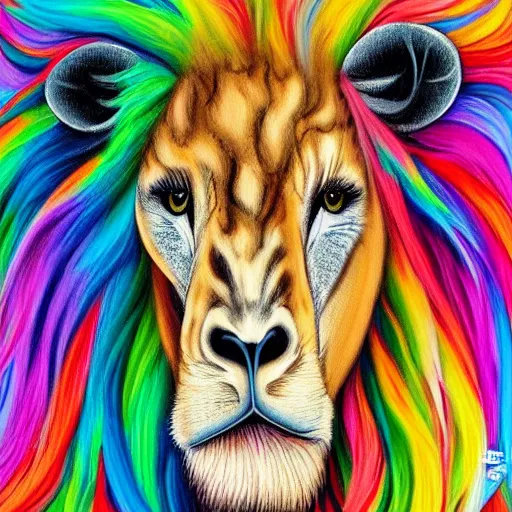 Image similar to cute fluffy giraffe with long colorful flowing lion mane with mohawk hairstyle hybrid animal detailed painting 4 k