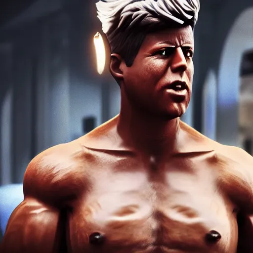 Image similar to john f kennedy as an amazon warrior, muscles, muscles, 4 k, octane render, volumetric lighting, unreal engine, raytacing