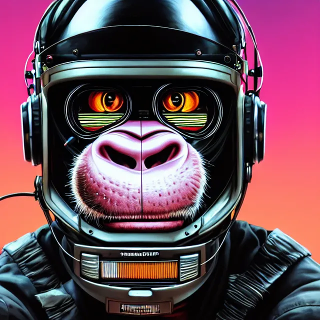 Image similar to a portrait of an anthropomorphic cyberpunk chimp in a motorcycle helmet by sandra chevrier, detailed render, tape deck, boombox, headphones, epic composition, cybernetics, 4 k realistic, cryengine, realistic shaded lighting, sharp focus, masterpiece, by matteo scalera, gary montalbano, peter elson in the style of the tokyo ghost comic