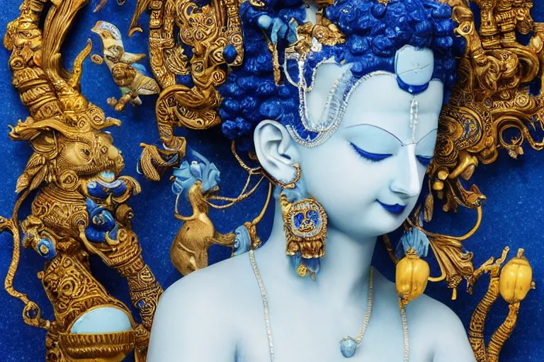 Image similar to full head and shoulders, beautiful female, deep blue porcelain sculpture, plastic jewellery of a hindu god, with lots of ornate gold leaf animals, attached to head by daniel arsham and james jean, on a white background, delicate facial features