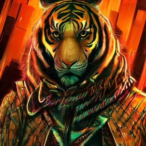 Image similar to a beautfiul award winning commission portrait of an anthro tiger in the neon cyberpunk city at night,wearing a leather jacket,glow effect,detailed face,photorealistic,character design by charles bowater,ross tran,deviantart,artstation,digital art,hyperdetailed,realistoc,western comic style,vfx,dramatic