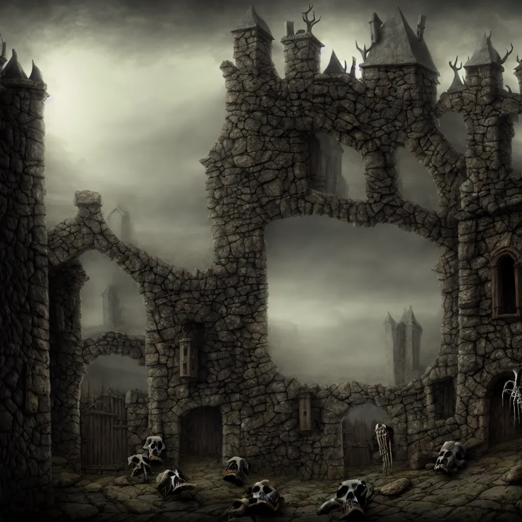 Image similar to evil witches wearing animal bones, bones, old stone walls, a detailed matte painting, fantasy, foggy, dark, 8 k