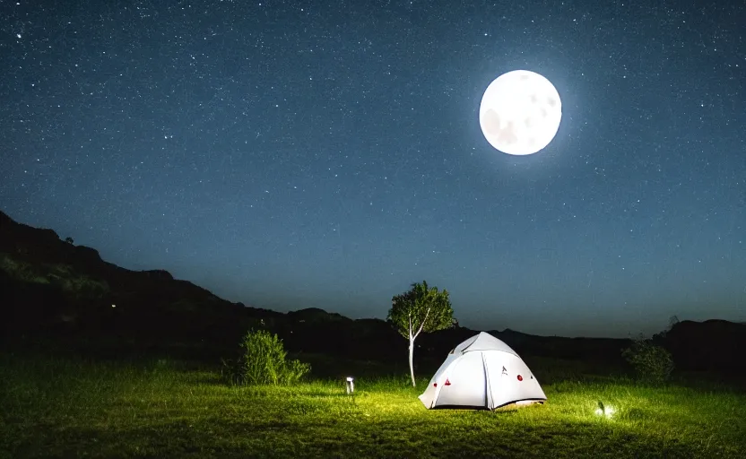 Image similar to night timelapse photography of a tent with a tree with the moon in the sky