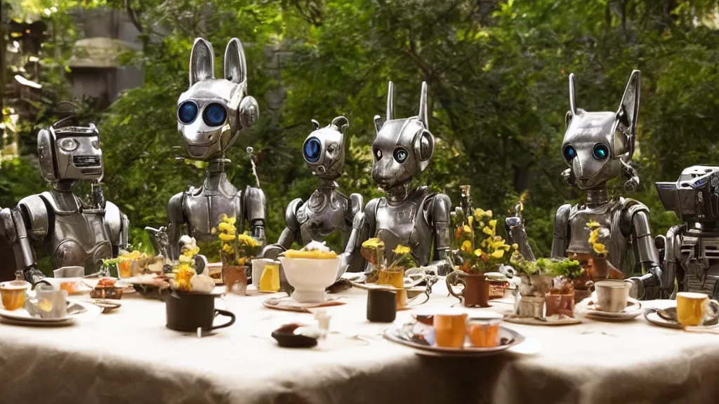 Image similar to film still from the movie chappie of the robot chappie shiny metal outdoor park plants garden scene bokeh depth of field several figures sitting down at a table having a delicious grand victorian tea party furry anthro anthropomorphic stylized cat ears wolf muzzle head android service droid robot machine fursona