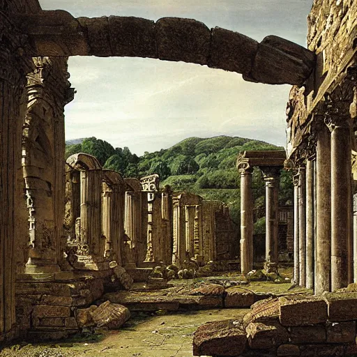 Image similar to roman ruins in the english countryside, dark ages, 8 th century, by james gurney