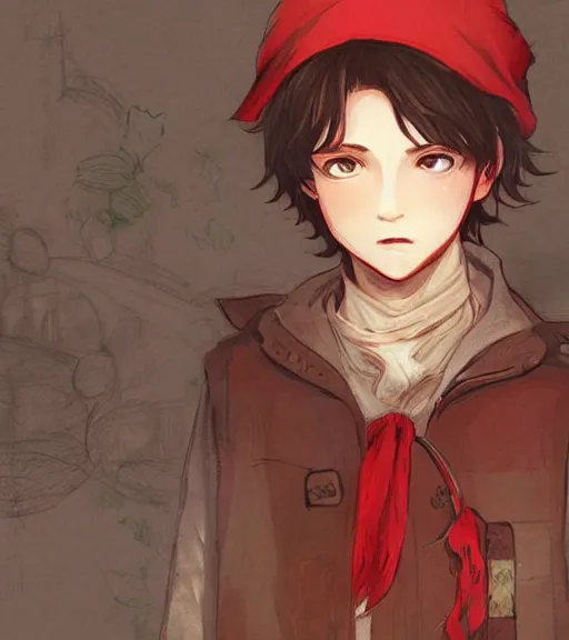 Image similar to attractive little boy character inspired in little red riding hood and venti, digital artwork made by akihiko yoshida and makoto shinkai