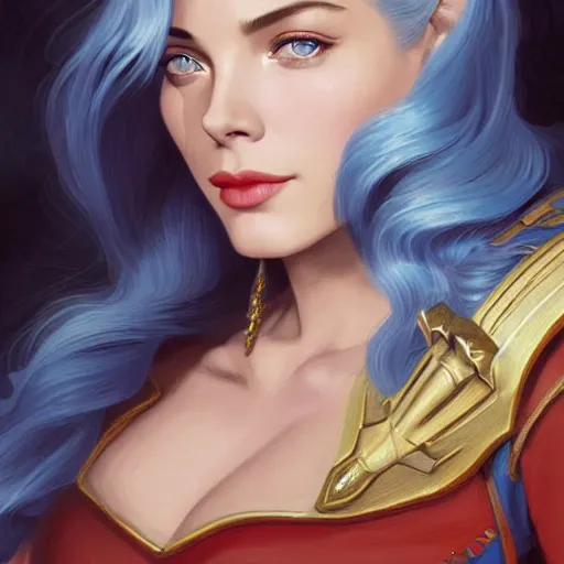 Image similar to A combination of Grace Kelly's and Katheryn Winnick's and Ashley Greene's faces with blue hair as She-Ra, western, D&D, fantasy, intricate, elegant, highly detailed, digital painting, artstation, concept art, matte, sharp focus, illustration, art by Artgerm and Greg Rutkowski and Alphonse Mucha