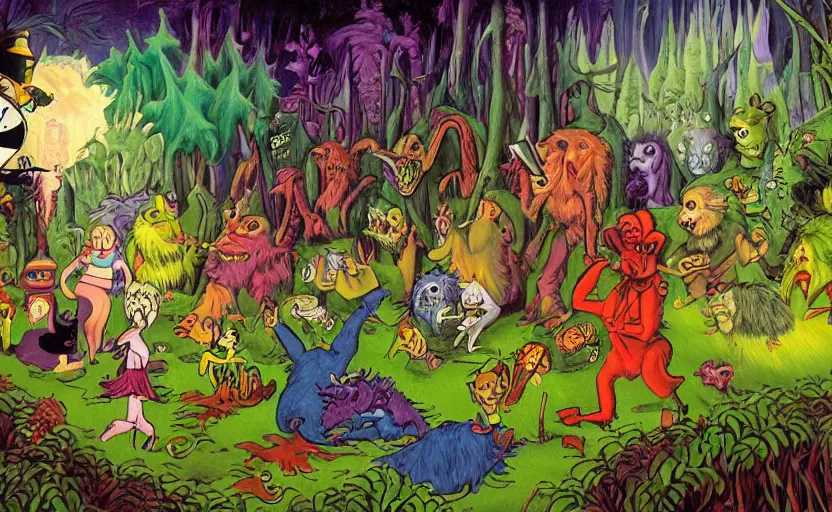 Prompt: a scene of colorful cartoon monsters in the clearing of a dark fantasy forest surrounded by darkness. hyperrealist illustration. muted colors. 1 9 7 0's pulp science fiction and fantasy cartoon for alice in wonderland and wizard of oz. highly detailed and richly colored painting by don ivan punchatz