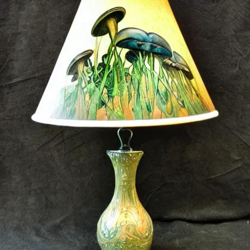 Prompt: beautiful victorian art nouveau mushroom shaped lampshade, river reeds duckweeds close up abstract mallard feathers, mucha tiffany kilian eng