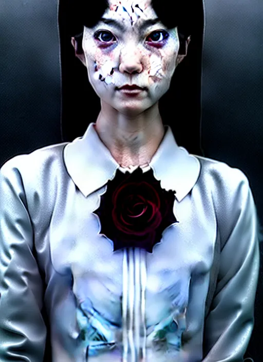 Image similar to an attractively pretty young woman with morbid thoughts wearing a Japanese-style school uniform, she is the queen of black roses, by Casey Baugh, Steve Caldwell, Gottfried Helnwein, Yasunari Ikenaga, and Range Murata, digital render, hyperrealism, 1970s Italian film lighting, 8k resolution, masterpiece work.