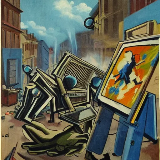 Prompt: 1950's picture of a clash between crypto artist and traditional artist blue tone, terrors and riot on people faces that watching, there's a computer in the side of the artist and an easel painting on the other side, the sky is rumbling, smokes everywhere