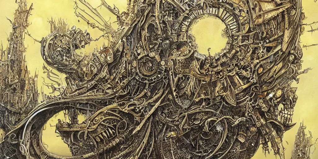 Prompt: a beautiful painting of skeleton fantasy gold world with architecture design by aaron horkey, trending on artstation