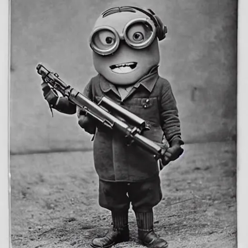 Image similar to old wartime photograph of minion from despicable me holding a lewis gun, 1 9 1 7