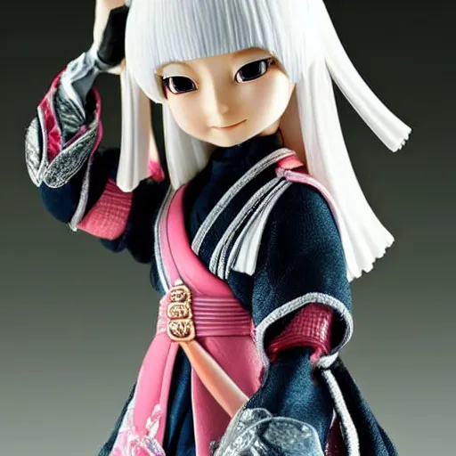 Prompt: a japanese princess young lady, with white hair and bangs!!!! beauty, action figure, well lit, studio light, painted action figure, toy advertisement