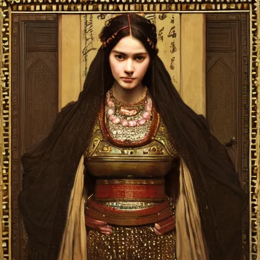 Prompt: eunuch orientalist intricate portrait by john william waterhouse and Edwin Longsden Long and Theodore Ralli and Nasreddine Dinet, oil on canvas. Cinematic, hyper realism, dramatic lighting, high detail 8k