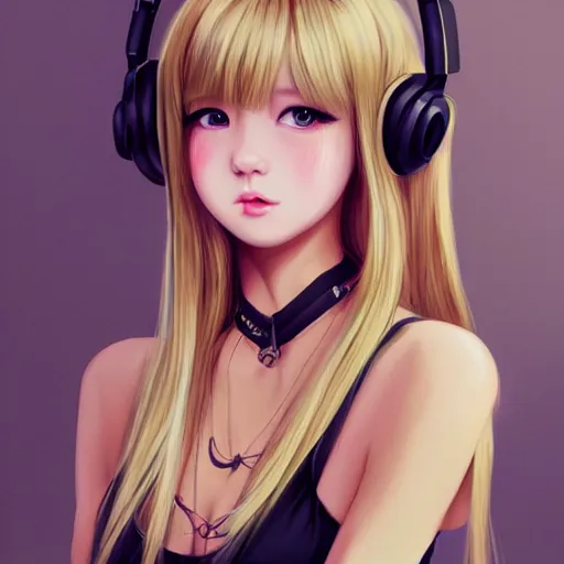 Image similar to realistic beautiful gorgeous natural cute Blackpink Lalisa Manoban blonde hair cute fur blonde cat ears, wearing camisole, wearing headphones, wearing black leather choker artwork drawn full HD 4K highest quality in artstyle by professional artists WLOP, Taejune Kim, Guweiz on Artstation Pixiv