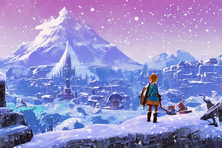 Image similar to snowy Landscape and a village in the background in the style of zelda breath of the wild