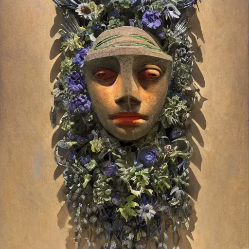 Image similar to sculpture of facemask made of flowers, by annie swynnerton and jean delville and edward hopper and evelyn de morgan and rufino tamayo and diego rivera, art deco flower shaman, art brut, outsider art, symbolist, dramatic lighting, god rays, elaborate geometric ornament, clean crisp graphics, smooth sharp focus, extremely detailed, adolf wolfli