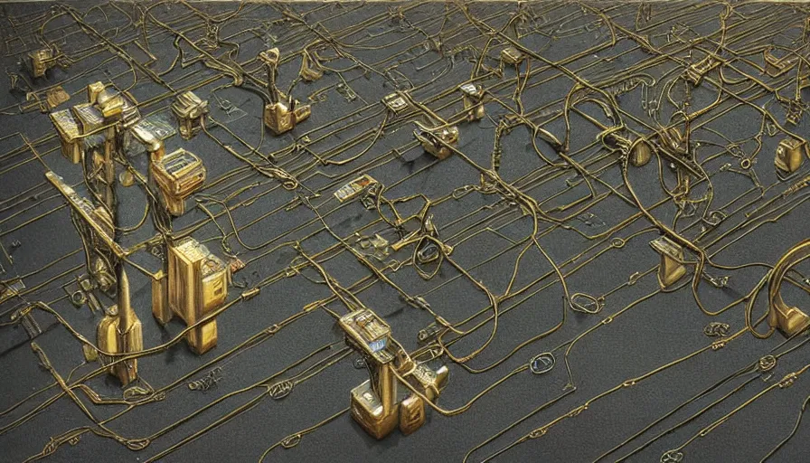 Prompt: A beautiful hyper realistic detailed painting cybernetic symbiosis of 2 gigantic tall skyscaper sized quantum computer blocks and an espresso machine on a vast black granite tarmac ,gold and silver and brass wire chains, elite satisfying cable management, by Beksinski, beeple, unreal engine