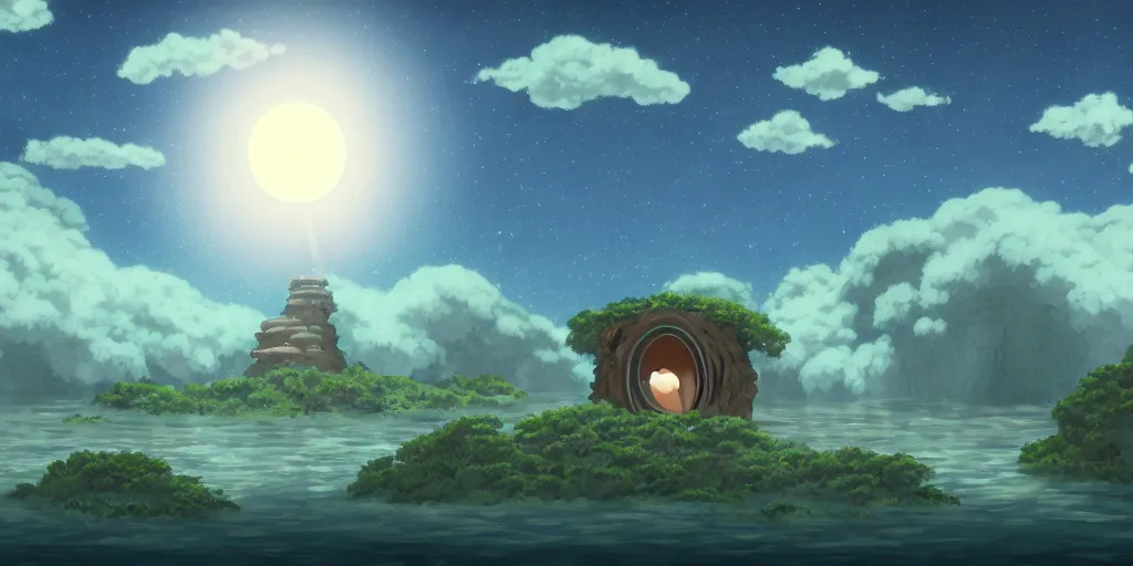 Prompt: a cell - shaded studio ghibli concept art study of a portal in the air over a flooded desert on a misty starry night. a waterfall is flowing out of the portal. very dull colors, hd, 4 k, hq