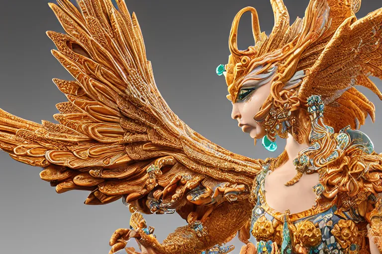 Image similar to a closeup photo - real delicate ceramic porcelain sculpture of an ornate detailed phoenix goddess in front of an intricate background by rafael, micro detail, backlit lighting, subsurface scattering, translucent, thin porcelain, emerald, jade, octane renderer, colorful, physically based rendering, trending on cgsociety