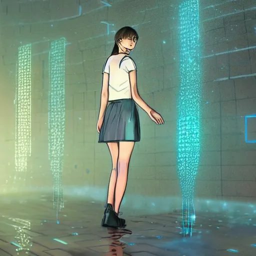 Prompt: digital illustration of a beautiful wet girl wearing a short skirt in the rain interacting with a holographic interface on a wall in a future cyber punk style city trending on art station