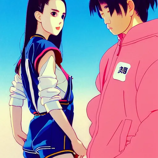 Image similar to a beautiful japanese natalie portman gravure model, wearing oversized native designer bomber jacket and leotard with overalls, bulky poofy bomber jacket with mesoamerican patterns, mesoamerican native street fashion, gapmoe yandere grimdark, trending on pixiv fanbox, painted by greg rutkowski makoto shinkai takashi takeuchi studio ghibli, akihiko yoshida