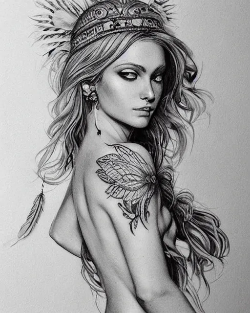 Image similar to tattoo sketch of beautiful greek goddess aphrodite with arrowhead earrings and beautiful feather jewelry, beautiful piercing eyes, beautiful blonde hair, hyper realistic face, in the style of greg rutkowski, fantasy, amazing detail, epic, elegant, smooth, sharp focus, from the front