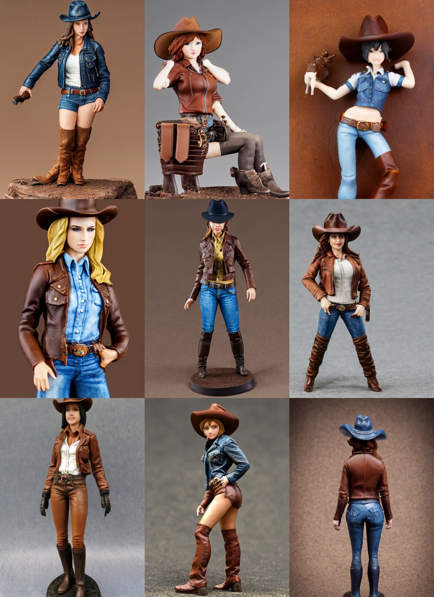 Prompt: 80mm resin detailed miniature of a cow girl, Short brown leather jacket, denim hot-pants, ten-gallon hat, on the textured base; Product Introduction Photos, 4K, Full body