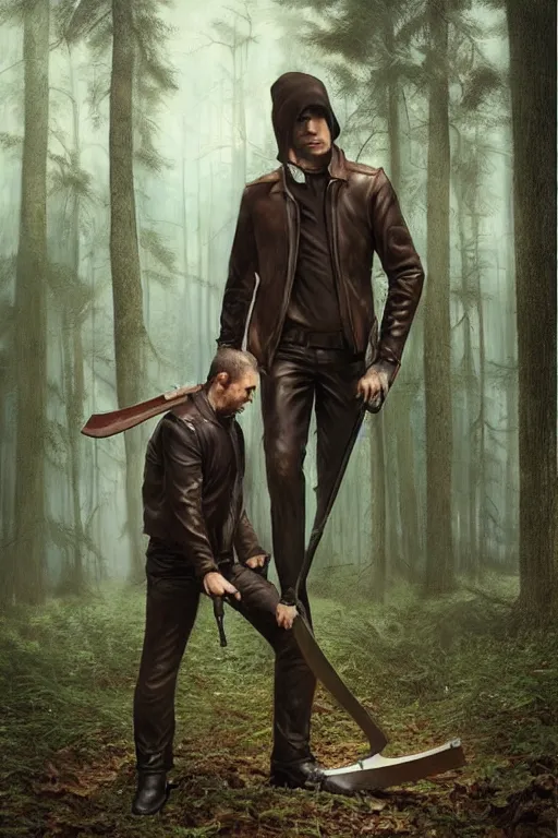 Prompt: a hitman named cobalt wearing a brown leather jacket and wielding a hatchet in the woods. art by tomasz alen kopera.