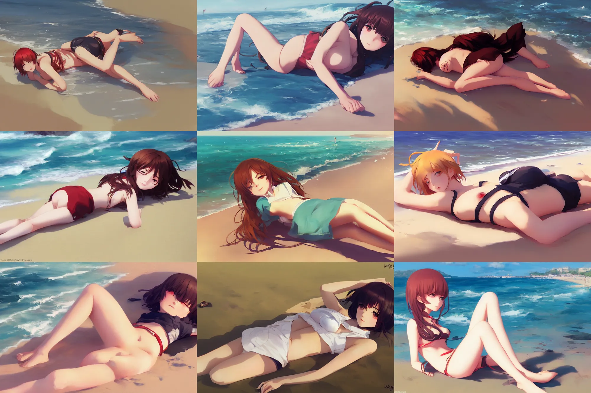 Prompt: cute girl laying on the beach, krenz cushart, Ilya kuvshinov, sakimichan