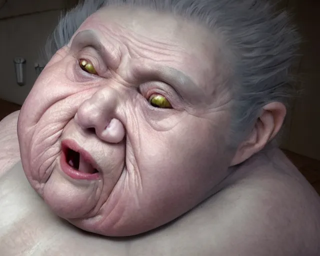 Image similar to of a very beautiful scene. ambient occlusion render. a sweet fat old woman is giving birth to her self as a sweet baby. hyper realistic. 4 k. wide angle. wild. symmetrical face, red mouth, blue eyes. deep focus, lovely scene. ambient occlusion render. concept art. unreal engine.