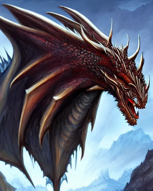 Prompt: ''face portrait of a handsome dragon, fantasy, mountain landscape, d & d, digital painting, artstation, deviantart, concept art, illustration, art by dragolisco and anne stokes and nico niemi''