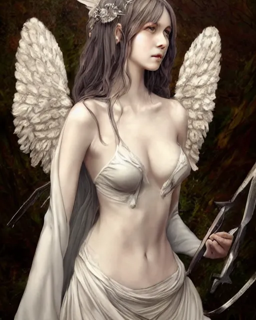 Image similar to an infinitely detailed portrait of a frail and pale female peace angel elegantly. fully - clothed full - body, beautiful! scenery art!! coherent! by wlop & murata range, victorian armor trim, cold color palette, artstation / pixiv!! elegantly armored angel portrait full - body, dreamy art