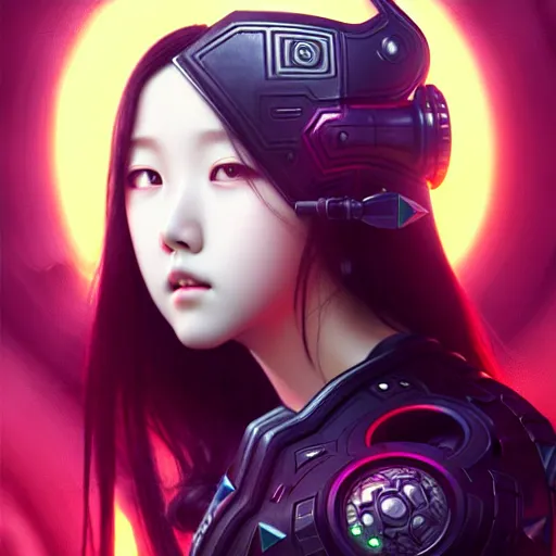 Image similar to portrait painting of olivia hye kpop as a cheerful smiling cyberpunk mercenary, ultra realistic, concept art, intricate details, eerie, highly detailed, photorealistic, octane render, 8 k, unreal engine. art by artgerm and greg rutkowski and magali villeneuve and alphonse mucha