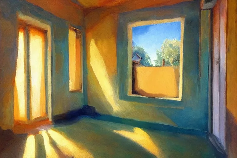 Image similar to rays of the morning sun shining through the window of the village house. very beautiful, clear sky, warm shiny colors, oil painting