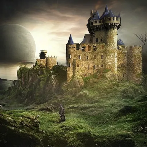 Prompt: the last castle and the alien world, realistic photography, landscape