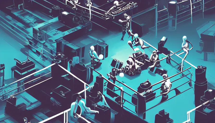 Prompt: a beautiful highly detailed vector illustration close up of a boxing match with robots in a factory, punk styling by atay ghailan, cliff chiang, loish and goro fujita, silver, silver, brown, black, blue and cyan tones, featured on artstation, featured on behance, grunge aesthetic