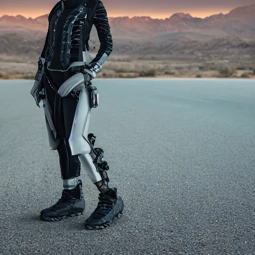 Image similar to photograph of a techwear woman, closeup, on a desert road with a futuristic city in the horizon, long exposure, sigma 85mm f/1.4, 4k, depth of field, high resolution, 4k, 8k, hd, full color