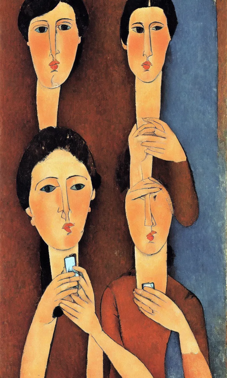 Image similar to amedeo modigliani. portrait of a woman with brown hair and a blue shirt holding an iphone in her hand. very soft brush.