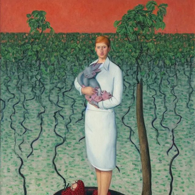 Prompt: a tall female pathology student holding a piglet, a river flooding inside, medical supplies, vines, medical mask, syringes, pathology sample test tubes, pigs, plants in glass vase, water, river, rapids, canoe, pomegranate, berries dripping, waterfall, swans, acrylic on canvas, surrealist, by magritte and monet