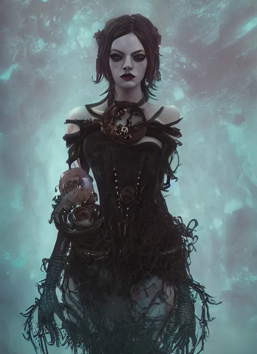 Image similar to dark underwater goth gothic steampunk portrait of emma stone, hyper detailed, digital art, cinematic lighting, studio quality, smooth render, unreal engine 5, octane rendered, art style by klimt and nixeu and ian sprigger and wlop and krenz cushart.