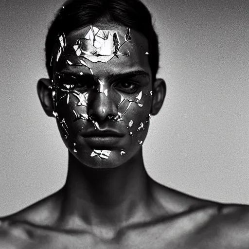 Image similar to a close up portrait of a beautiful athletic young persian male with his face covered in silver leaf , photographed by erwin olaf, artistic