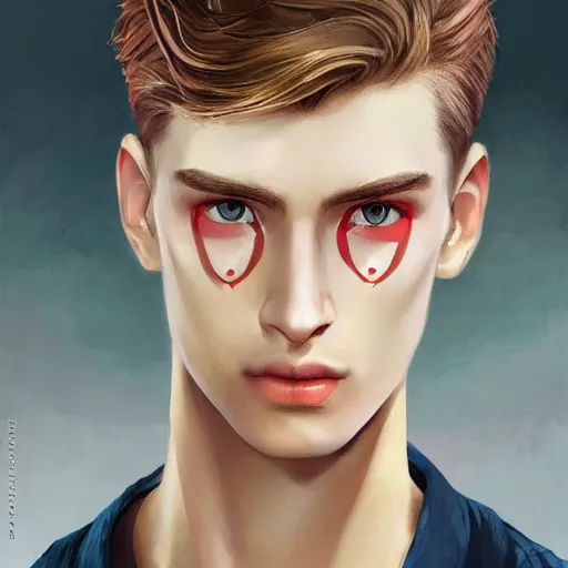 Image similar to colorful Captivating teenage boy with brown blond short quiff hair and thin facial structure with cleft chin, good definition of cheekbones, Alert eyes, narrow face, brown eyes with red eye markers, slim body, wearing a detailed Japanese kimono with golden details, atmospheric lighting, painted, intricate, 4k, highly detailed by Charlie Bowater