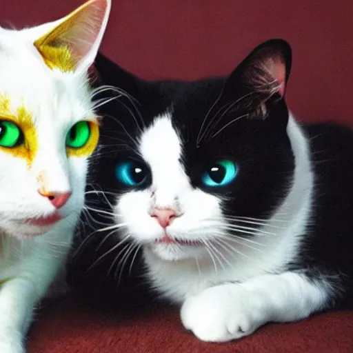 Prompt: [two cat] in the picture [white cat with green eyes] to the left, [black cat with yellow eyes], to the right